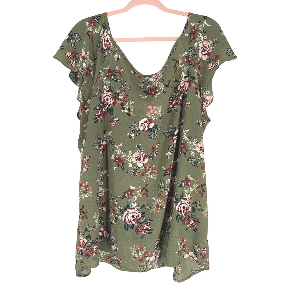 Tempted 2X Olive Floral Ruffle Blouse Flowy Stretch Top Boho